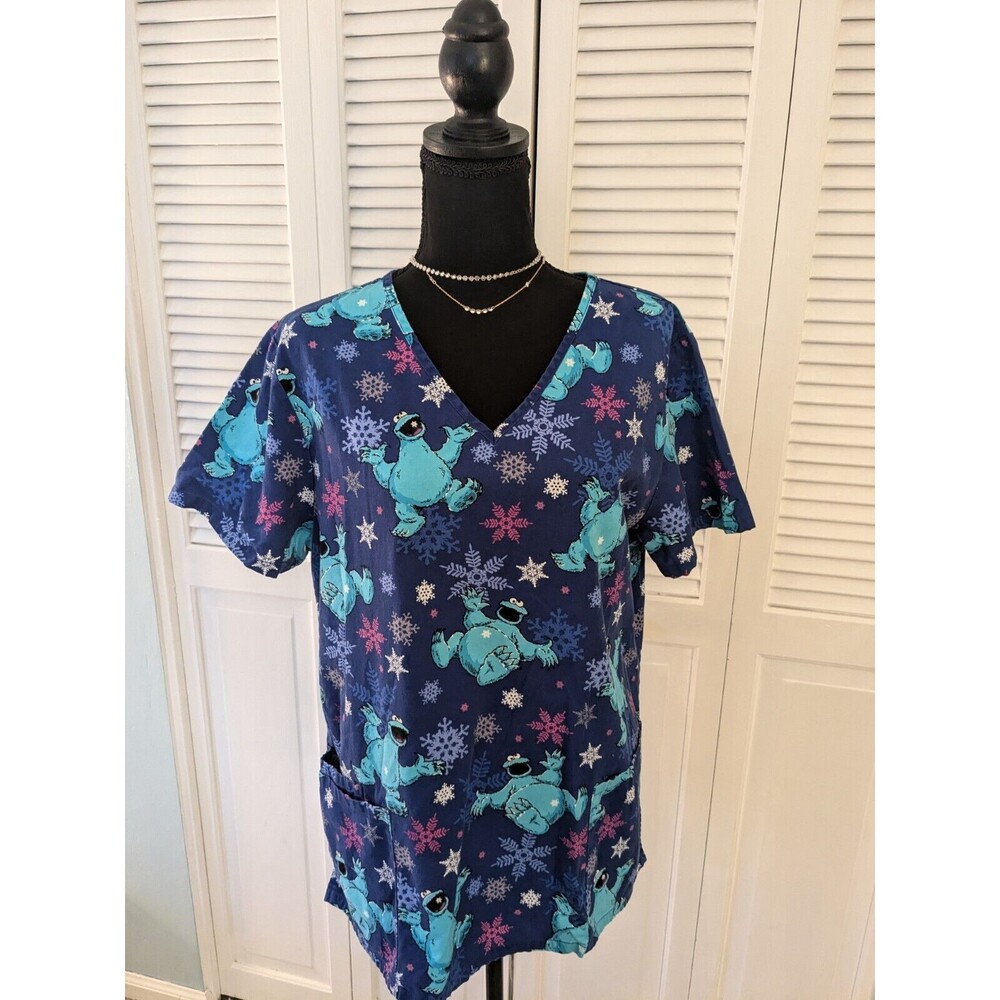 Sesame Street Cookie Monster Scrub Top Womens L Blue V Snow Winter Healthcare